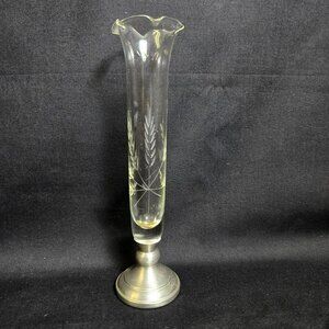 Vintage WEB Pewter & Etched Ruffled Glass Bud Vase Wheat Design 7.5" Marked